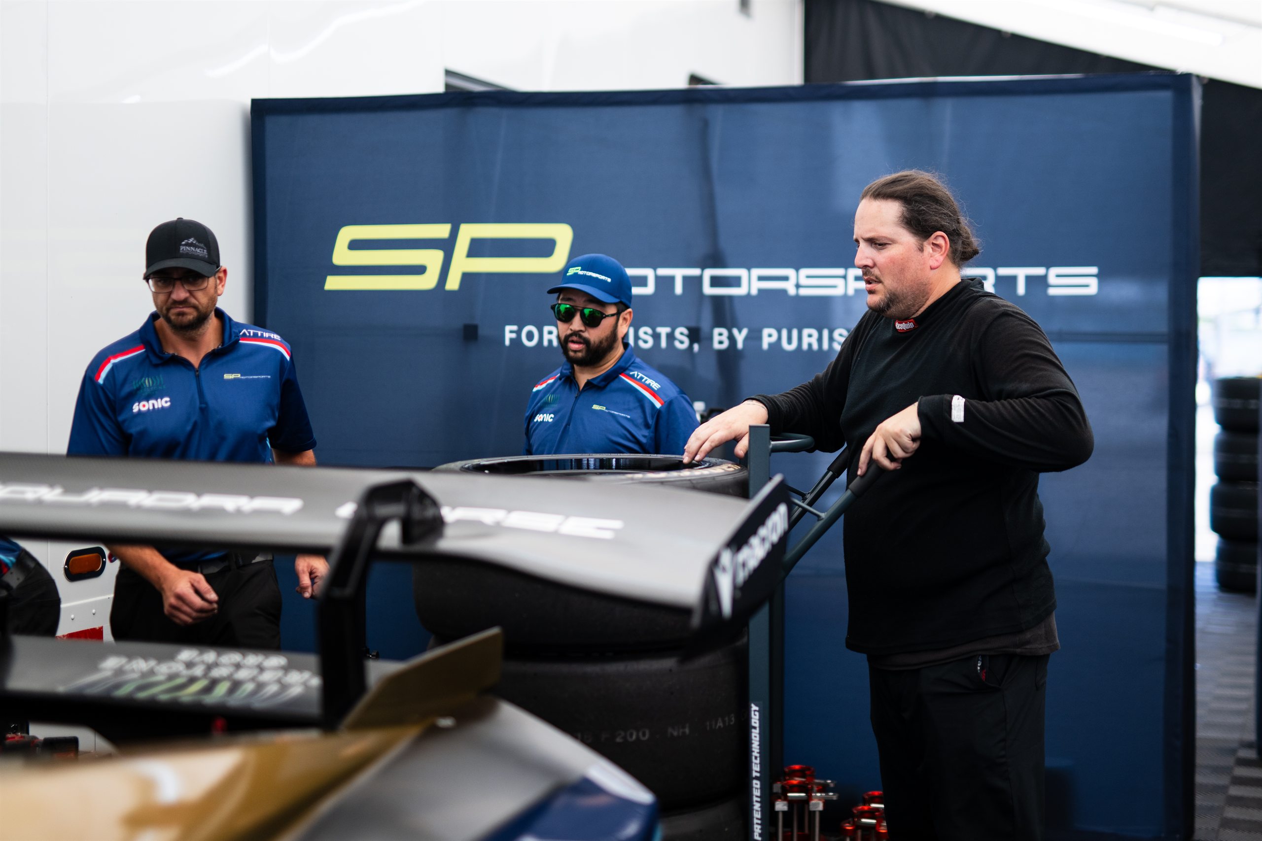 SP Motorsports crew preparing the Lamborghini Super Trofeo in the garage